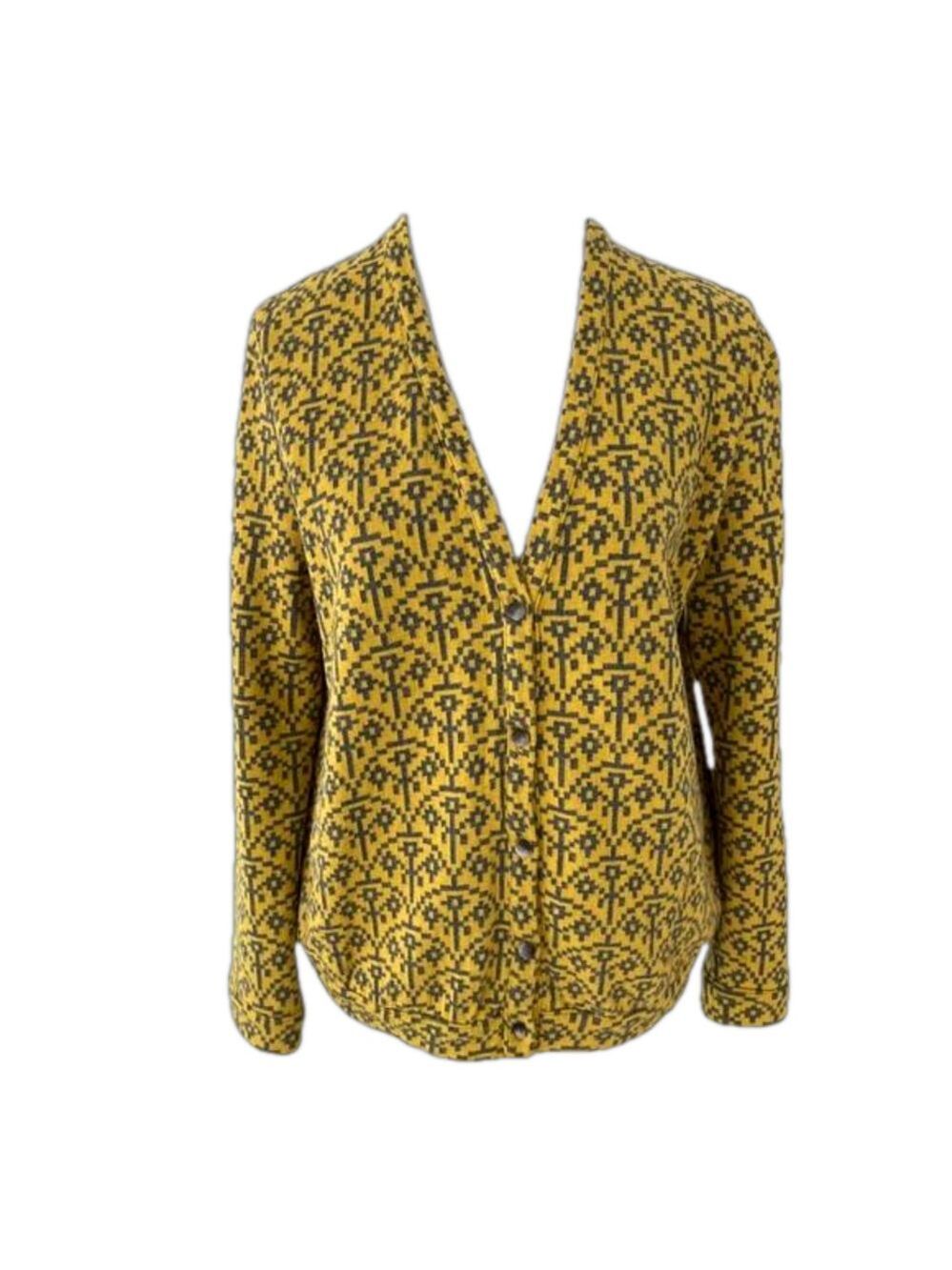 OCHIRLY V Neck Button Front Cardigan Yellow Grey Abstract Floral Fan Pattern